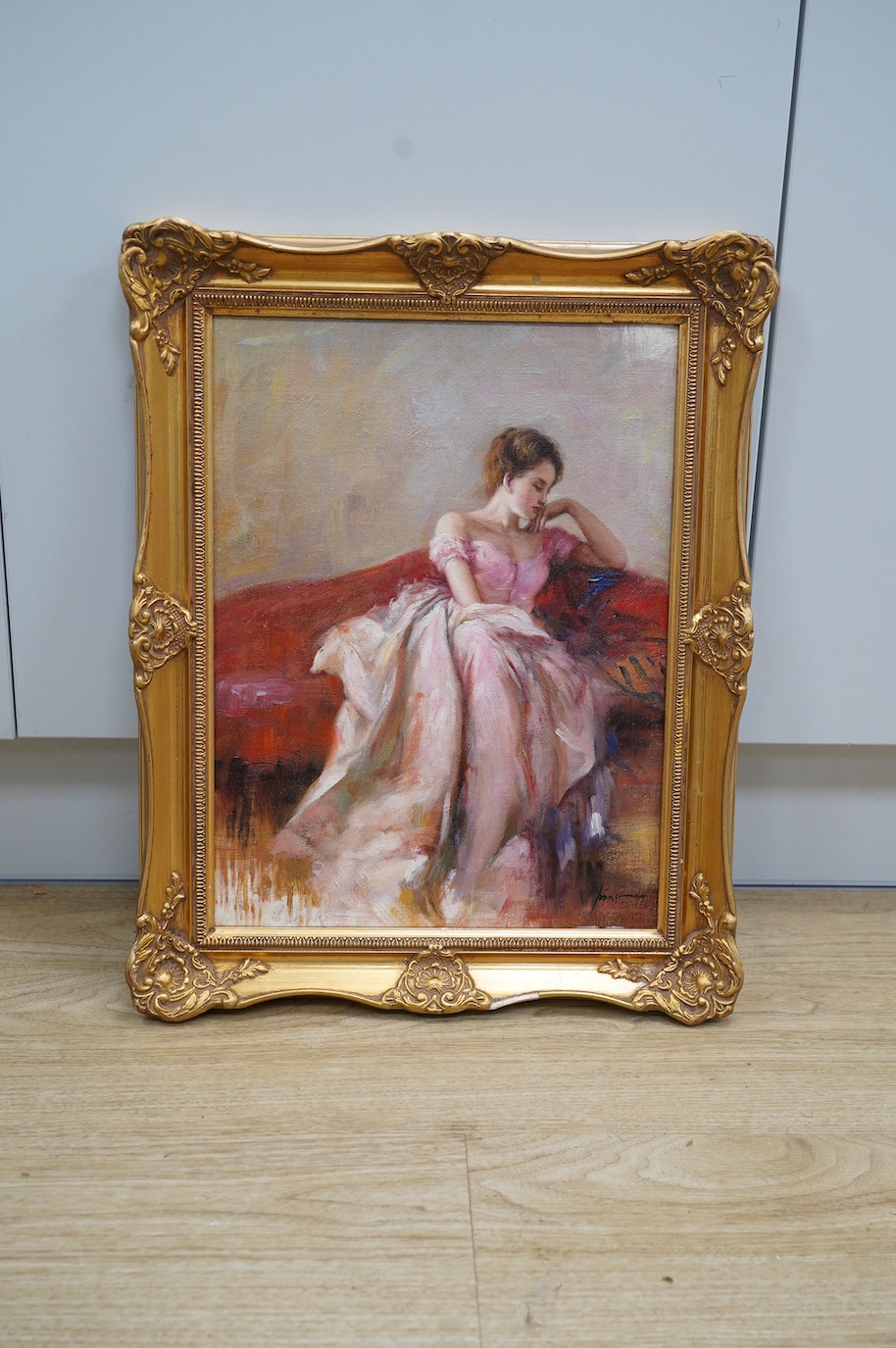 A decorative oil on board, Study of an Italian beauty, 39 x 29cm, gilt framed. Condition - good